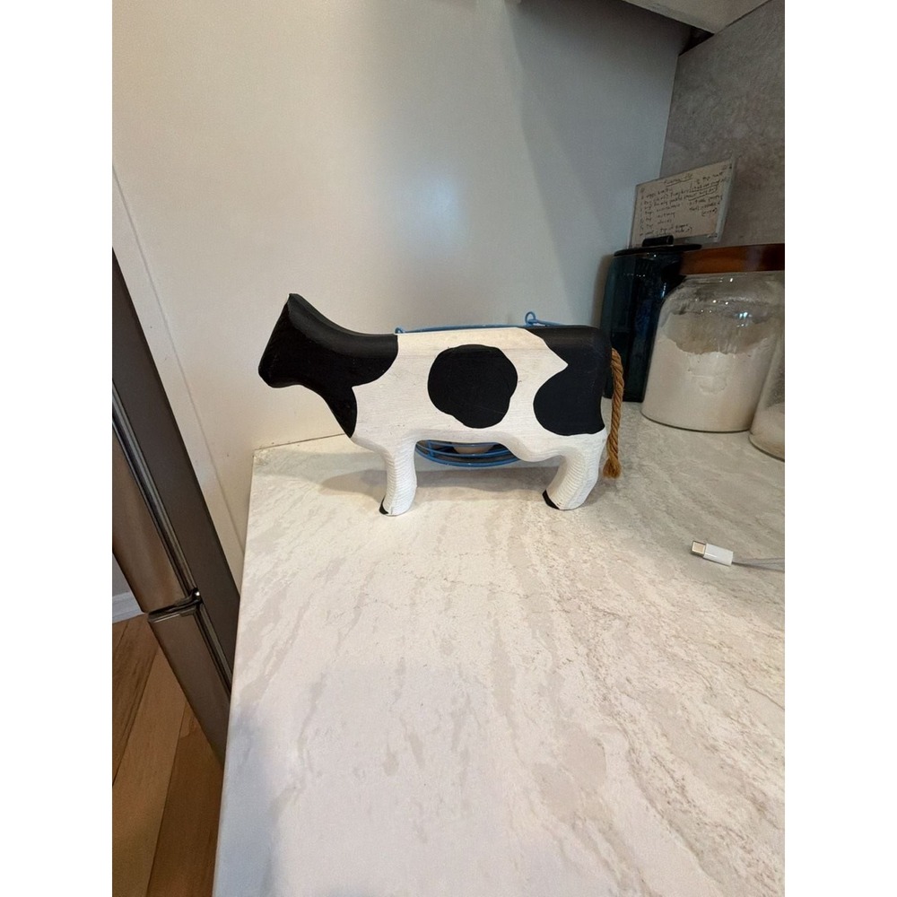 Vintage Hand-Painted Wooden Holstein Cow Figurine with Rope Tail